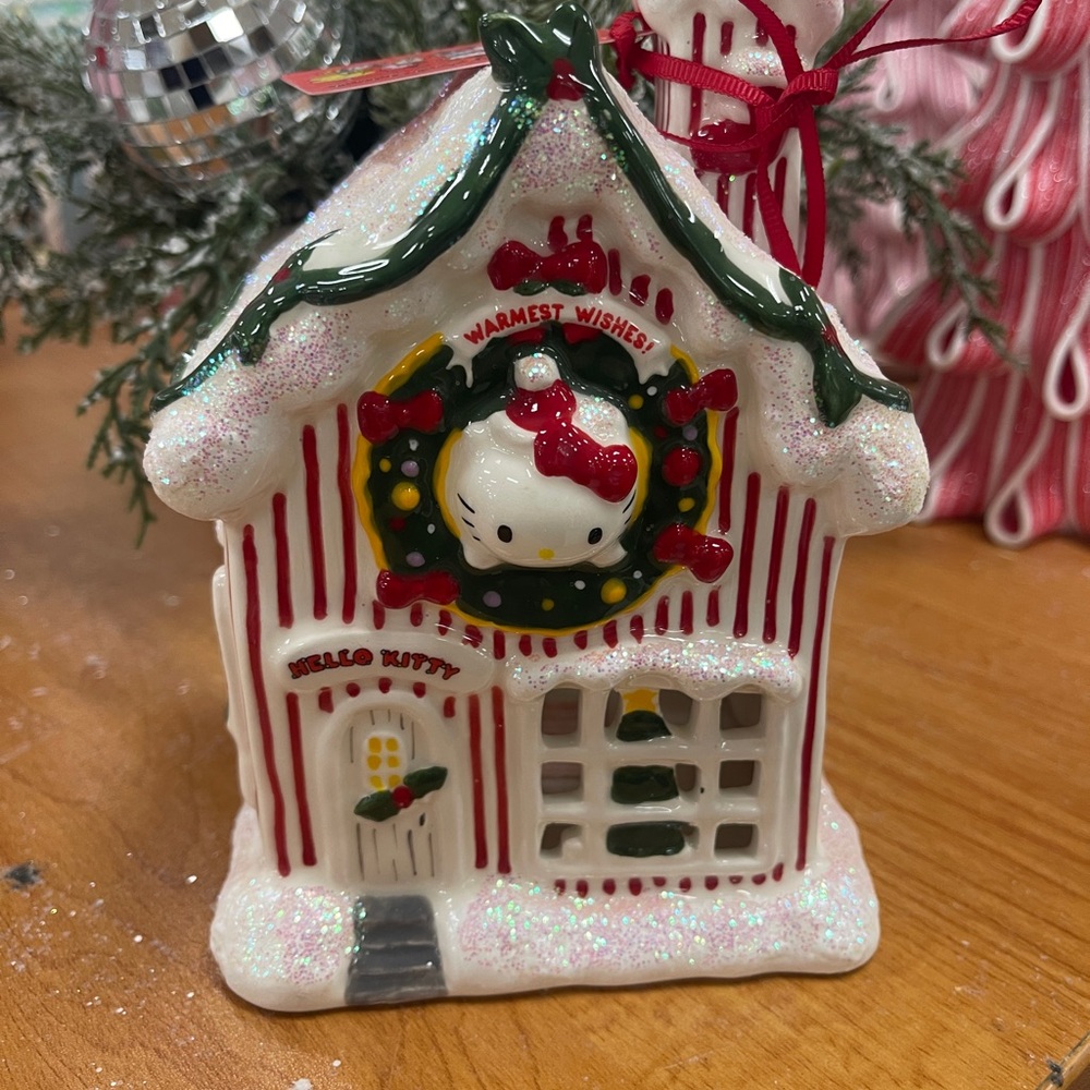 Christmas Hello Kitty Red Glitter House Tea Light Holder Blue Sky ceramics NWT